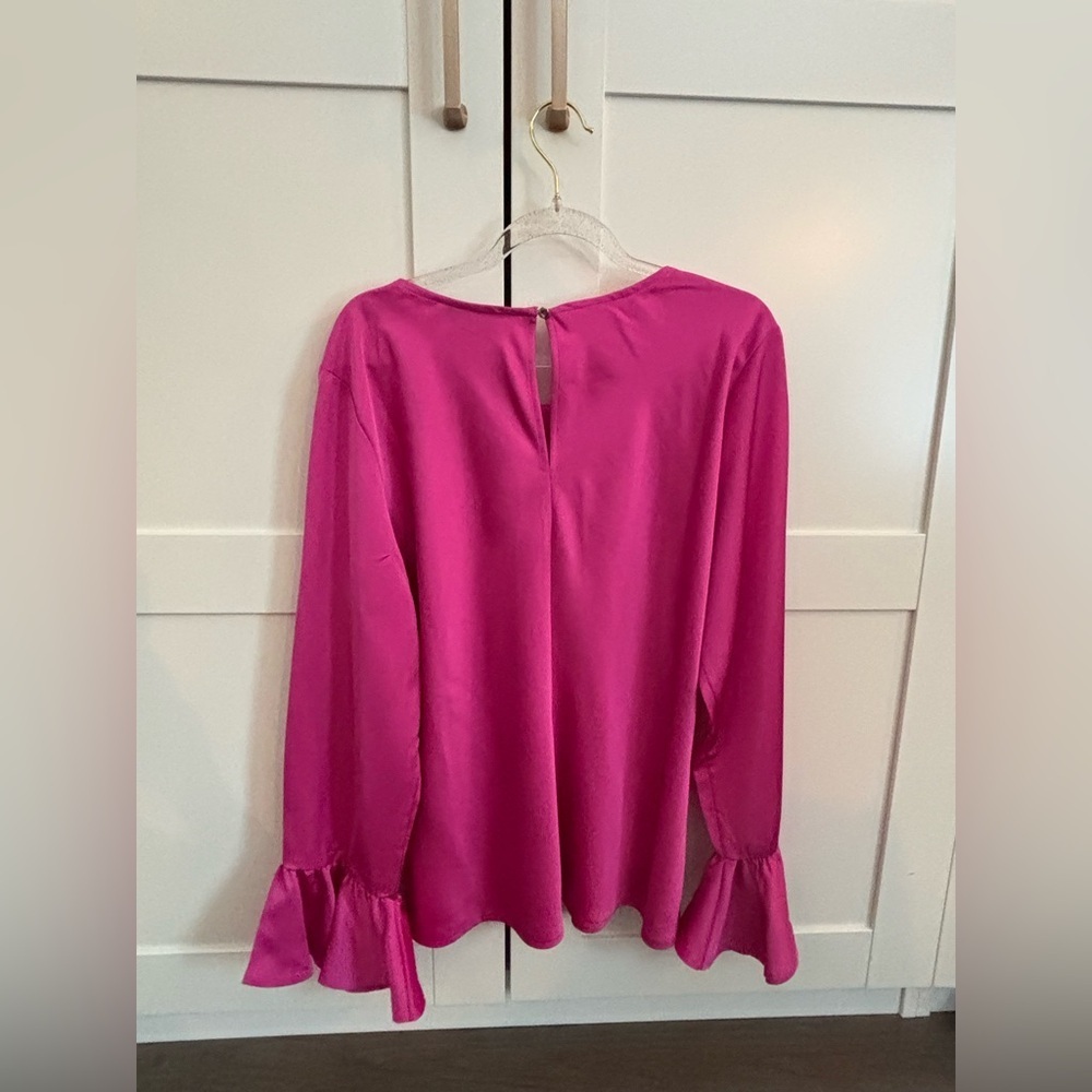 J. Crew Fuchsia Satin Silky Blouse Pink Size Large Ruffle Feminine - Picture 2 of 4